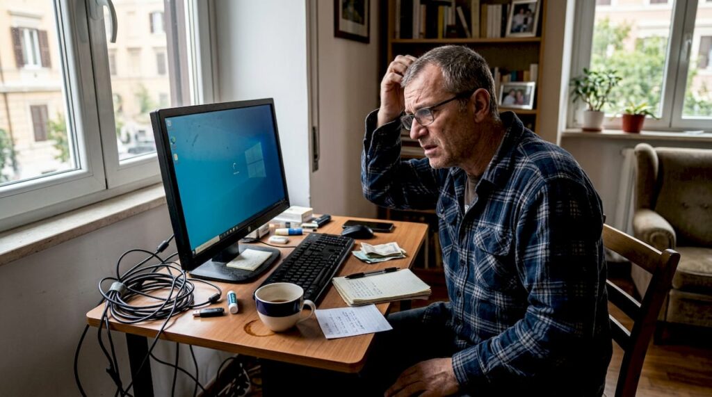 Un uomo cerca di far funzionare il suo computer che va a rilento in salotto.