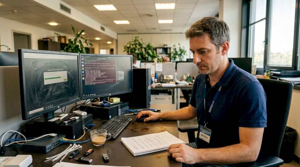 Tecnico informatico al lavoro che controlla il computer sulla scrivania in ufficio.