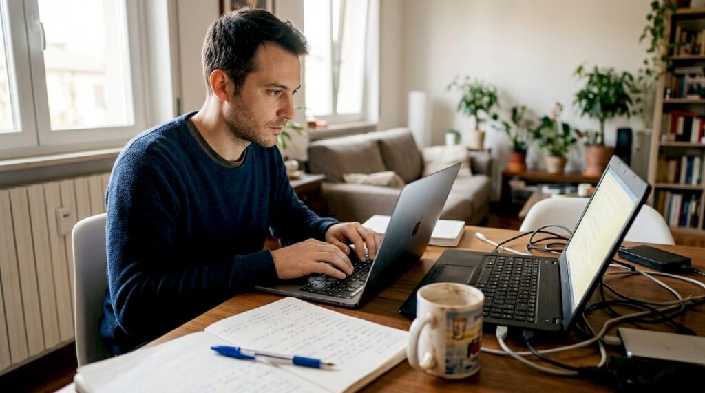 Un uomo lavora alla sua scrivania passando da un Mac a un PC.