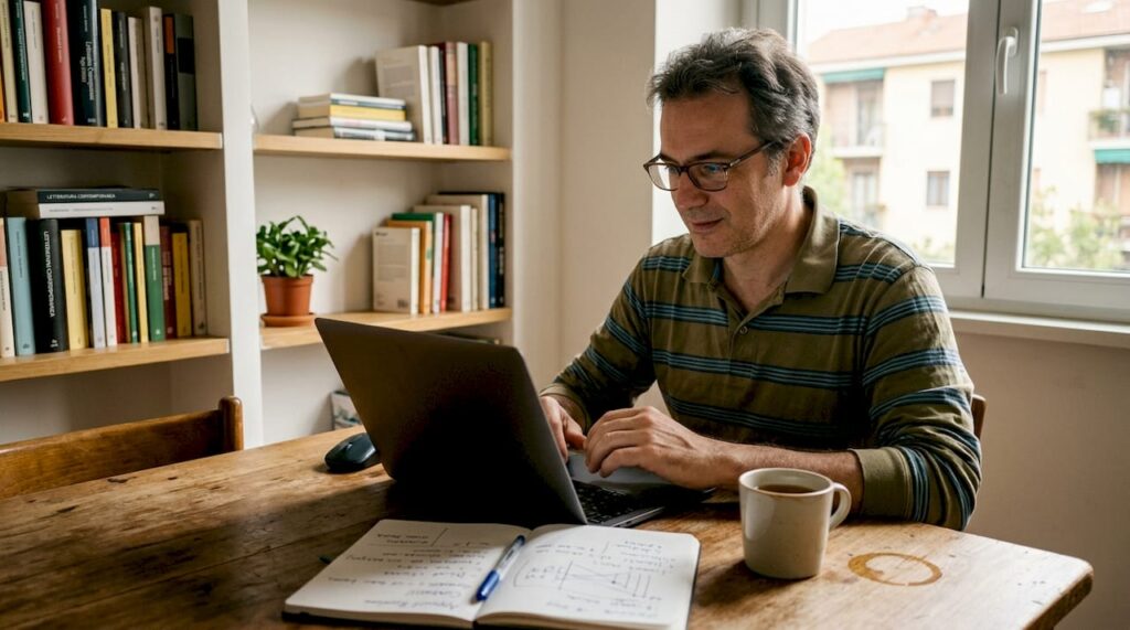 Un uomo è seduto al tavolo di casa mentre lavora al computer.