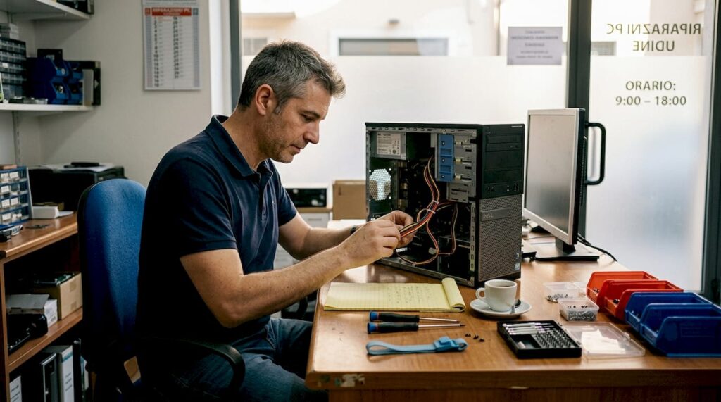 Un tecnico sta sistemando un computer in un negozio di Udine.