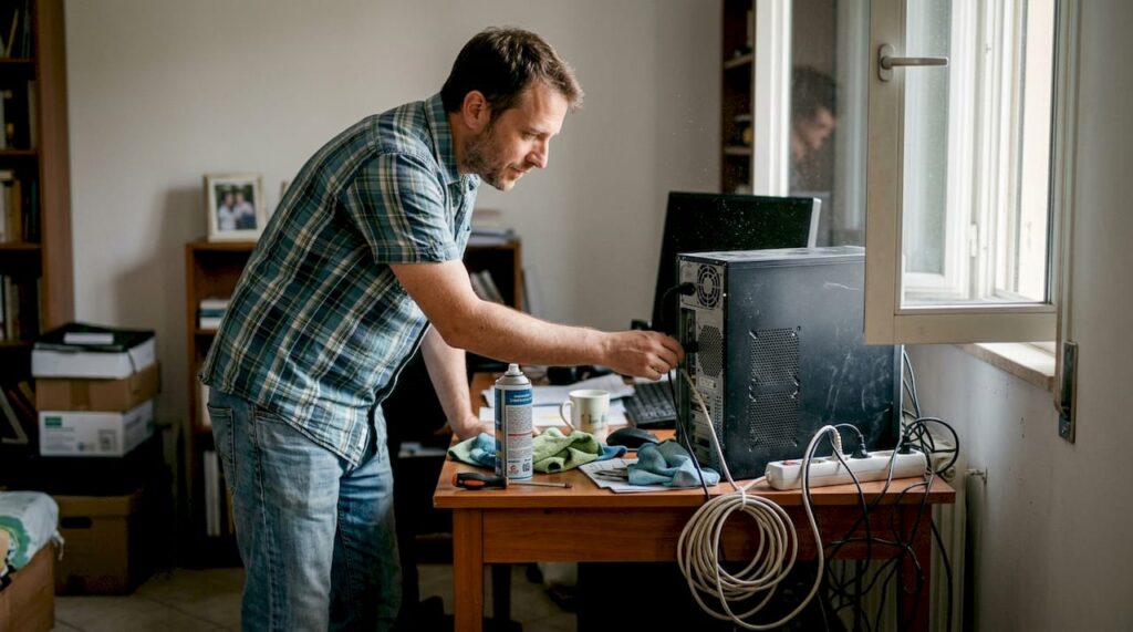 Un uomo si sta preparando a pulire il proprio computer a casa.