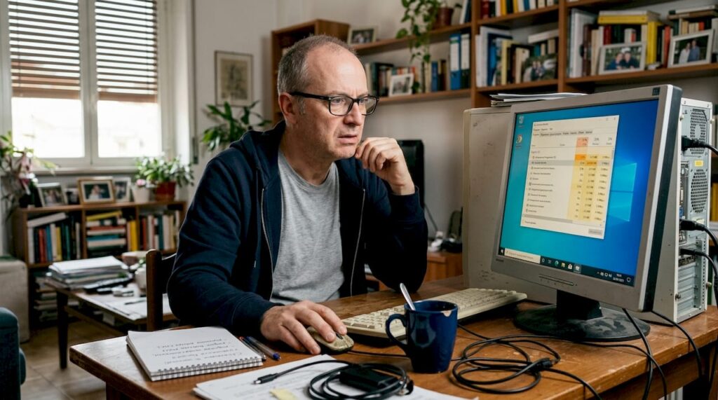 Uomo alle prese con il computer lento nel suo ufficio di casa, visibilmente irritato dall’attesa.