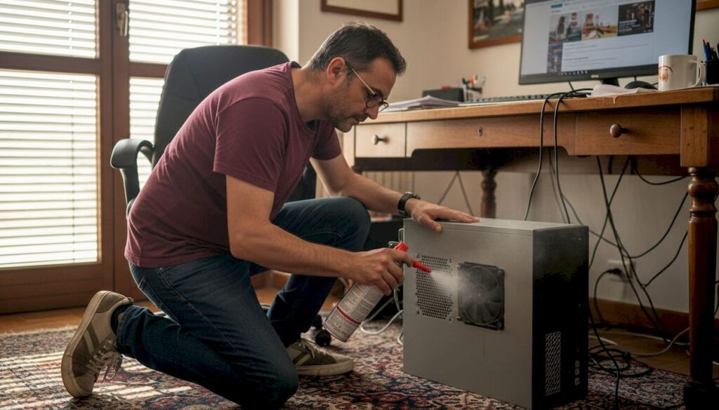 Un uomo si prende cura del suo computer di casa, rimuovendo la polvere per mantenerlo pulito e funzionante.