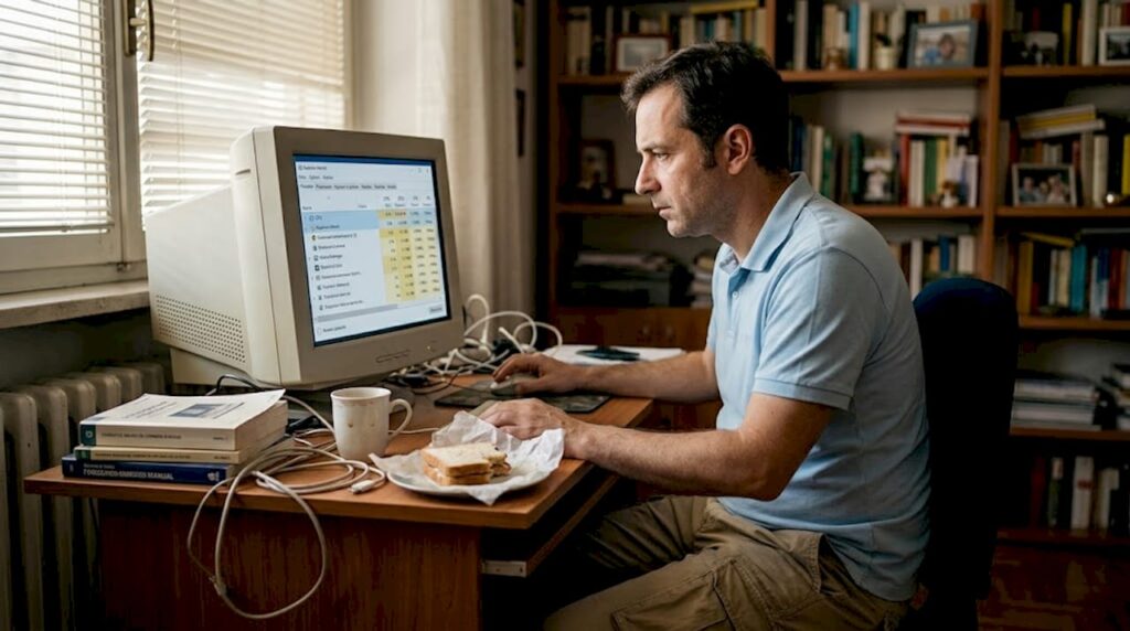 Un uomo cerca di capire perché il suo computer va lento mentre lavora alla scrivania di casa.