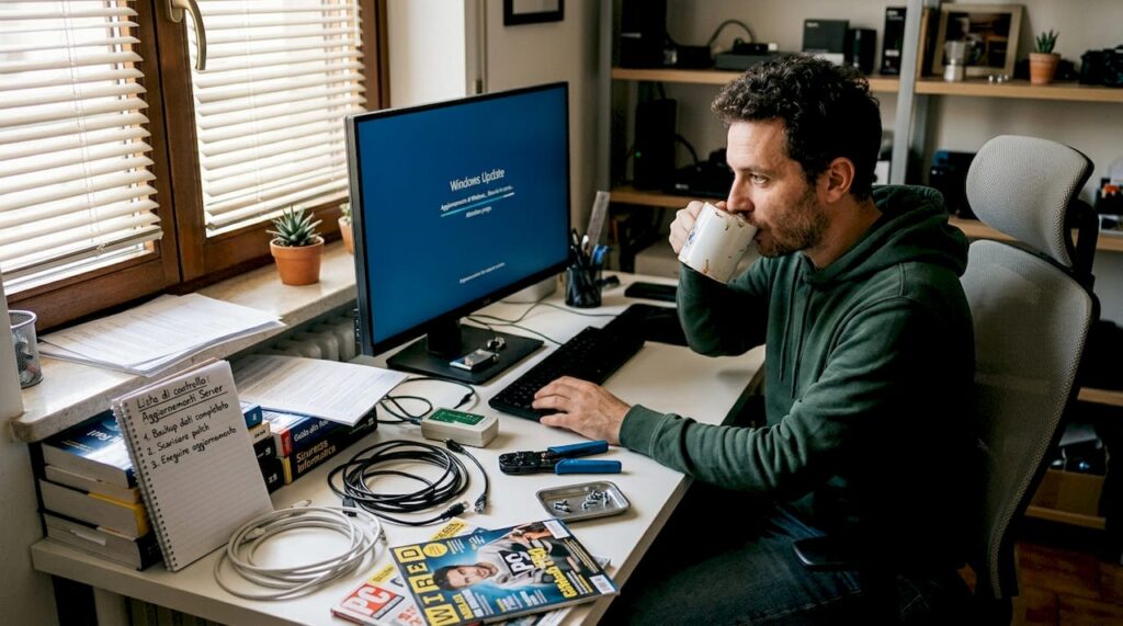 Un tecnico informatico attende con pazienza che l'aggiornamento di Windows finisca.