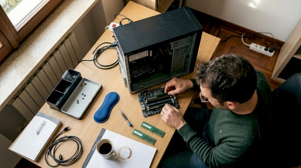 Una persona aggiorna la memoria del proprio PC direttamente sulla scrivania di casa.