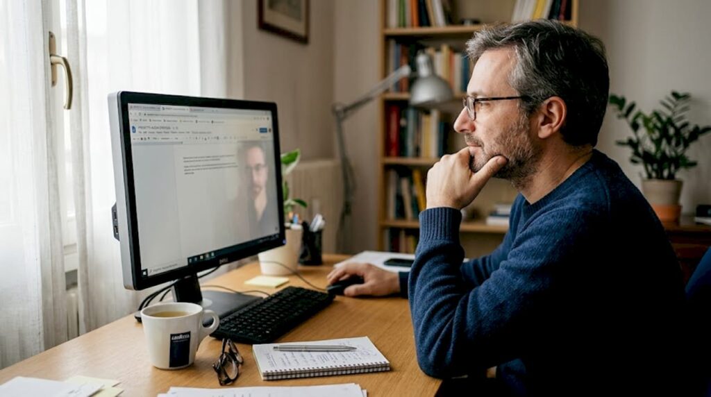 Un utente osserva sconsolato lo schermo del computer bloccato nel suo studio di casa.