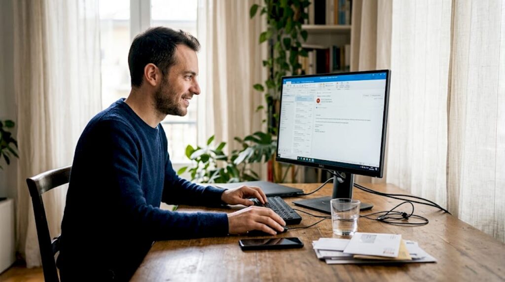 Uomo che lavora al computer in un ufficio domestico essenziale