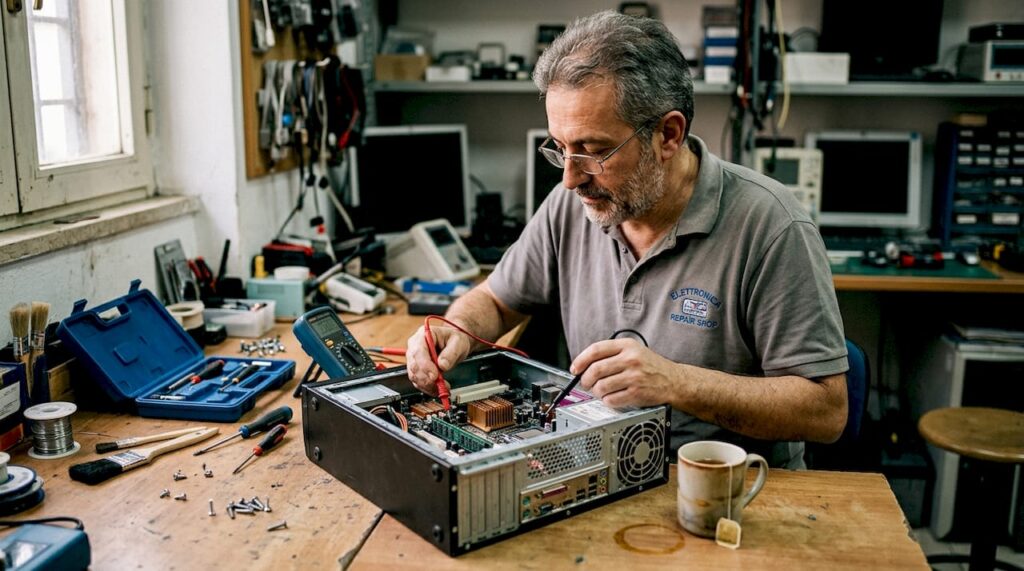Un tecnico sta controllando la scheda madre sul banco da lavoro, esaminando ogni componente con attenzione.