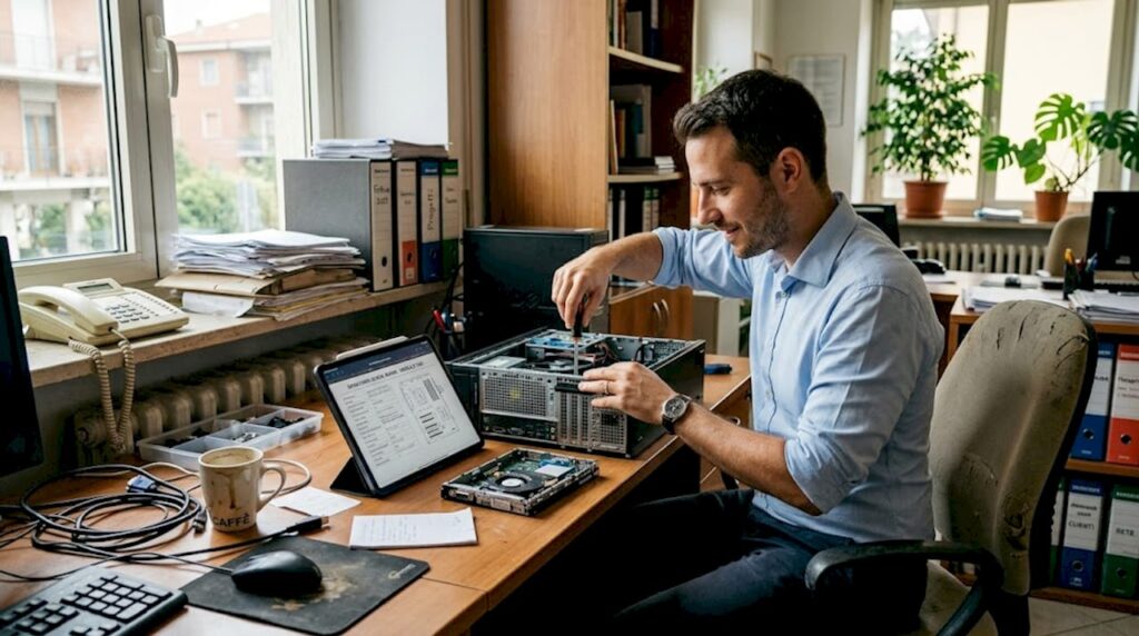 Un esperto informatico si occupa della manutenzione dei computer all’interno di una piccola azienda.