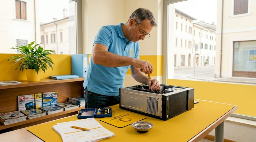 Un tecnico è al lavoro per sistemare un computer negli uffici di Udine.