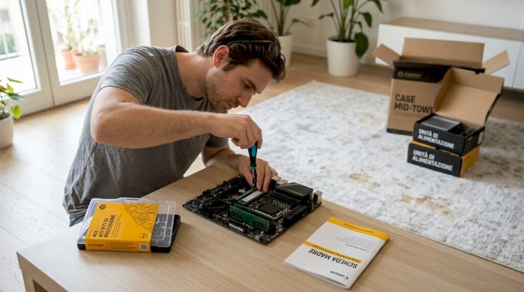 Un uomo sta montando un computer sul tavolo di casa.