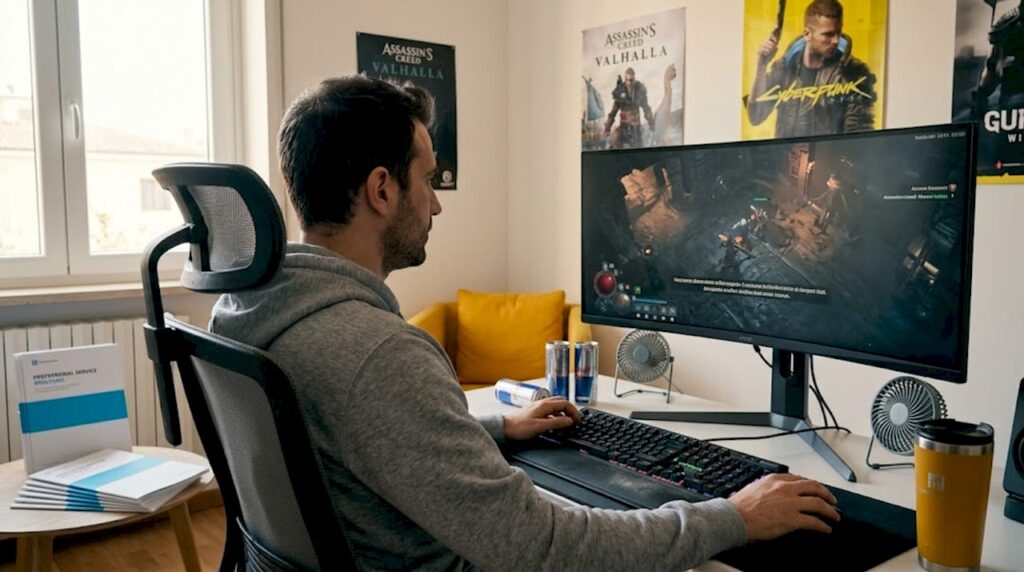 Un uomo si diverte al computer nella sua stanza di casa.