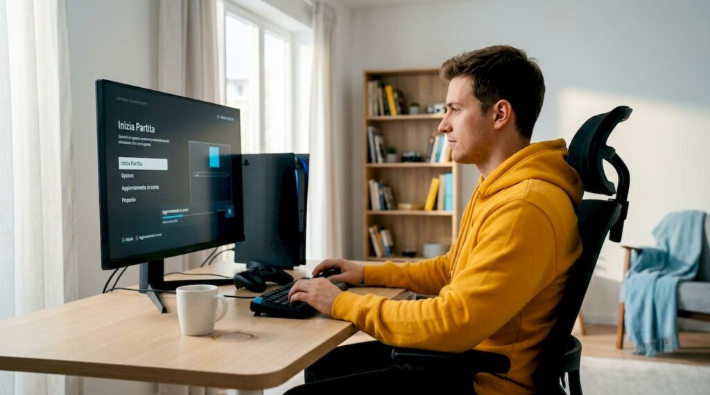 Un gamer sistema PC e console nel suo salotto
