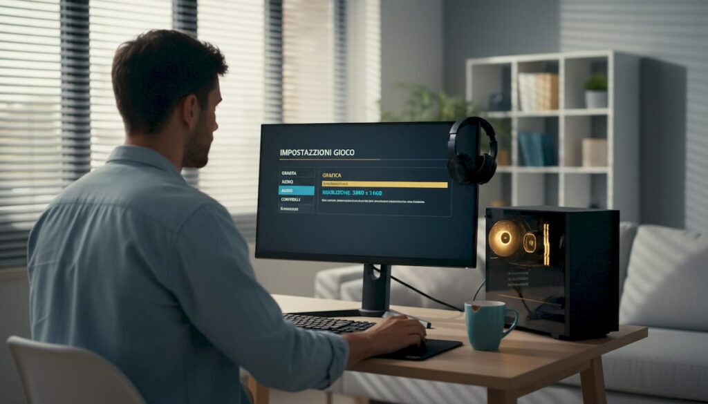 Un uomo personalizza le impostazioni del suo PC per il gaming direttamente da casa.